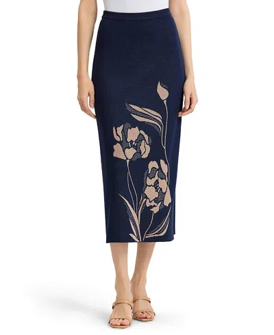 Ming Wang Plus Straight Floral Jacquard Soft Knit Maxi Skirt