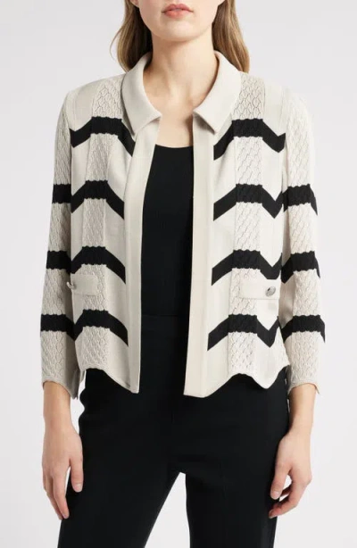 Ming Wang Pointelle Stripe Cardigan In Limestone/black