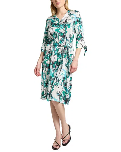 Ming Wang Printed Charmeuse Tie-sleeve A-line Dress In 310-emerald Awe/lunar Rock/cal