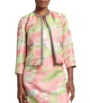 Ming Wang Printed Jacquard Round Neck 3/4 Sleeve Peral Trim Jacket In Lime/tangerine/silver Print In Multi