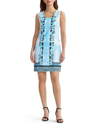 Ming Wang Filigree Printed Lined Stretch Deco Crepe Sheath Dress In Blue
