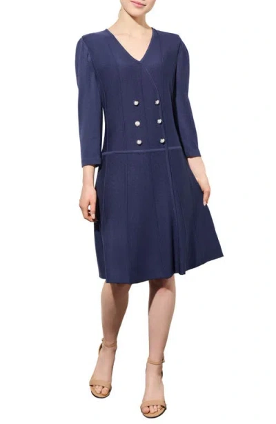 Ming Wang Puff Shoulder Double Breasted Blazer Sweater Dress In Dark Blue