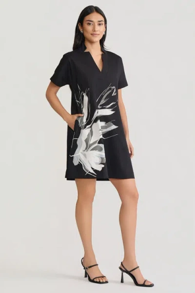 Ming Wang Relaxed A-line Floral Printed Stretch Cotton Dress In Black