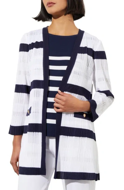 Ming Wang Rib Stripe Sheer Knit Jacket In White/indigo