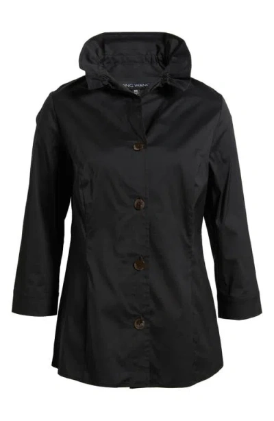 Ming Wang Ruffle Collar Cotton Poplin Blouse In Black