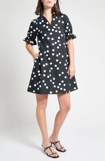 Ming Wang Ruffle Detail Poplin Shift Dress In Black/white