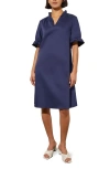 Ming Wang Ruffle Detail Poplin Shift Dress In Indigo