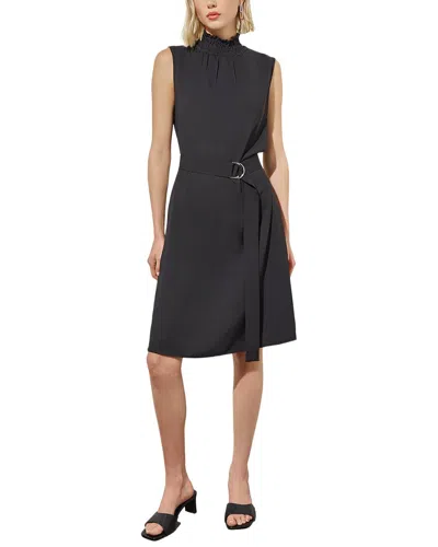 Ming Wang Ruffle Mock Neck Crepe De Chine A-line Dress In 001-black