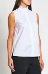 Ming Wang Ruffle Neck Stretch Cotton Blend Sleeveless Button-up Top In White