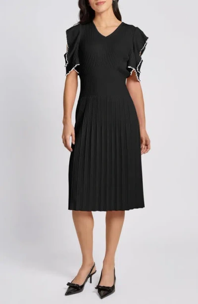 Ming Wang Ruffle Rib Midi Dress In Black/white