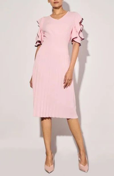 Ming Wang Ruffle Rib Midi Dress In Rosy Blush/black