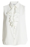 Ming Wang Ruffle Sleeveless Button-up Shirt In White