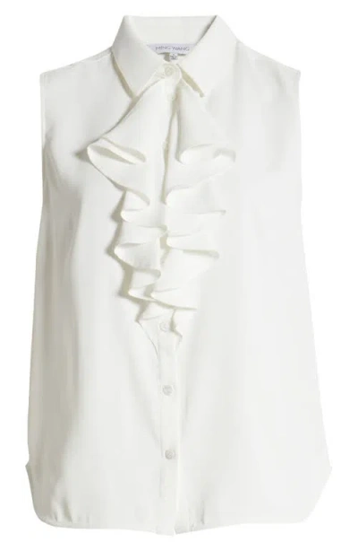 Ming Wang Ruffle Sleeveless Button-up Shirt In White