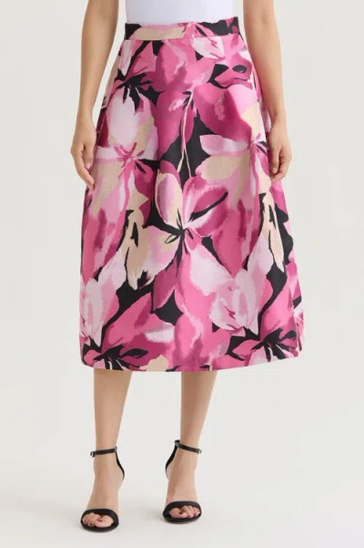 Ming Wang Shimmer Lined Floral Jacquard Woven Midi Skirt In Multi