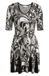 Ming Wang Short Sleeve Jacquard Fit & Flare Sweater Dress In Multi