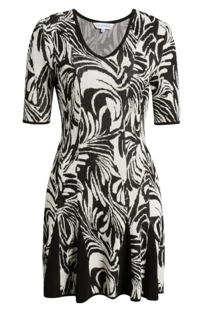 Ming Wang Short Sleeve Jacquard Fit & Flare Sweater Dress In Multi
