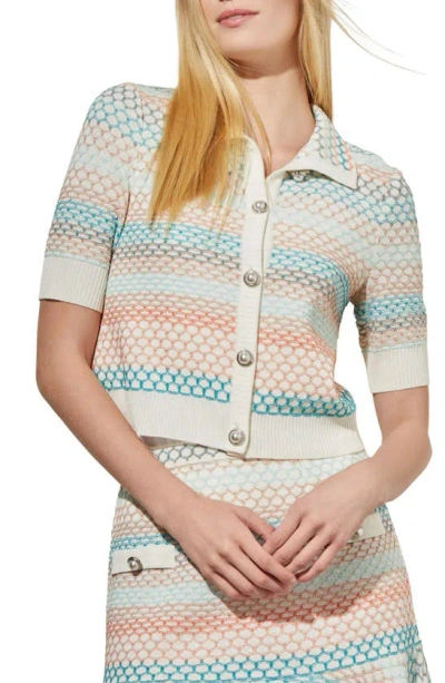 Ming Wang Short Sleeve Knit Jacket In White/coral Sand/oceanfront