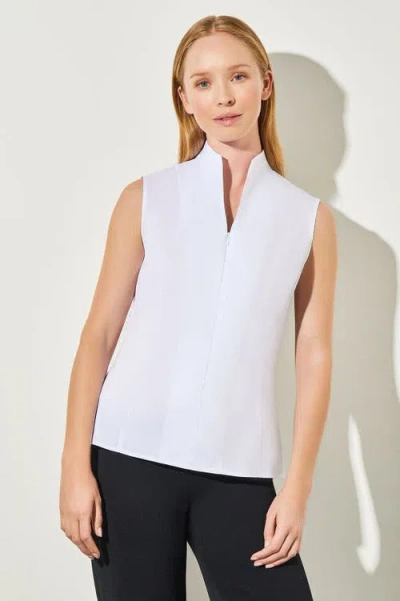 Ming Wang Sleeveless Zip-up Stretch Cotton Shirt In White