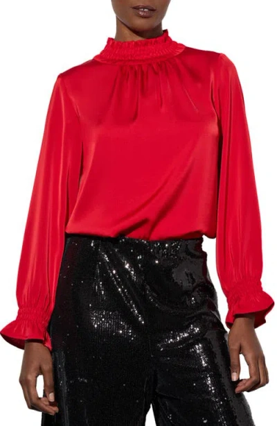 Ming Wang Smocked Trim Crêpe De Chine Charmeuse Top In Dusk Red