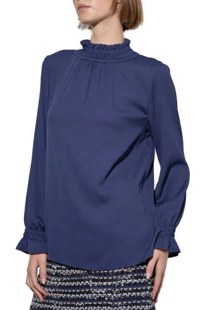 Ming Wang Smocked Trim Crêpe De Chine Charmeuse Top In Regatta