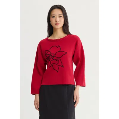 Ming Wang Soutache Cozy Knit Sweater In Red