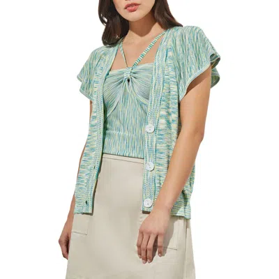 Ming Wang Space Dye Flutter Sleeve Cardigan In White/bermuda/lime