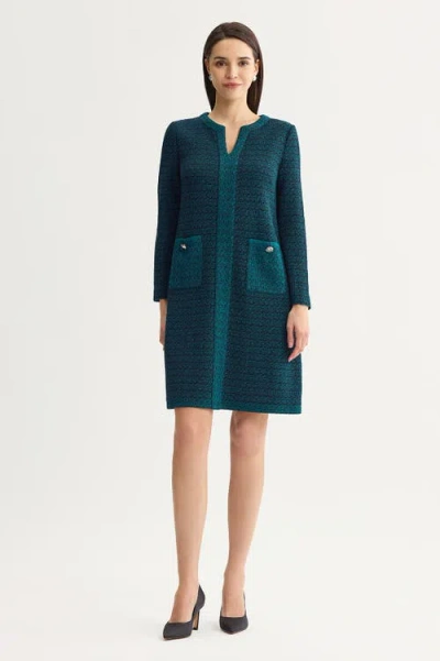 Ming Wang Split V Neck Jacquard Knit Dress In Deep Teal