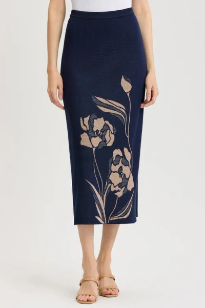 Ming Wang Straight Floral Jacquard Soft Knit Maxi Skirt