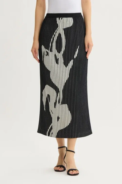 Ming Wang Straight Floral Soft Ribbed Knit Maxi Skirt In Black
