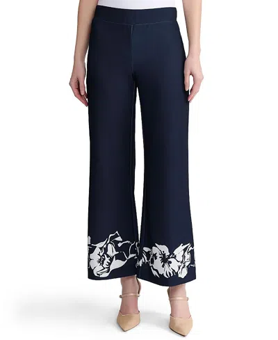 Ming Wang Stretch Deco Crepe Floral Print Wide-leg Pants In Blue