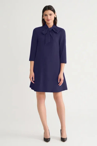 Ming Wang Stretch Deco Crepe Tie Neck Tent Dress In Blue