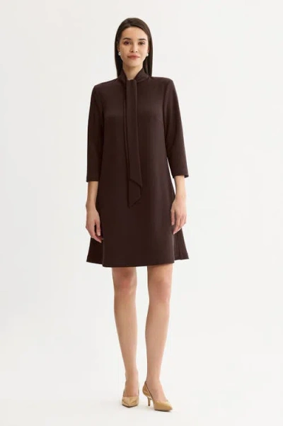 Ming Wang Stretch Deco Crepe Tie Neck Tent Dress In Brown