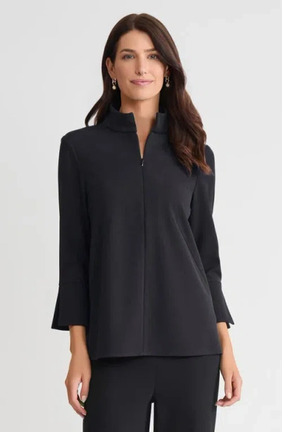 Ming Wang Stretch Deco Crepe Zip Front Pullover Blouse In Black