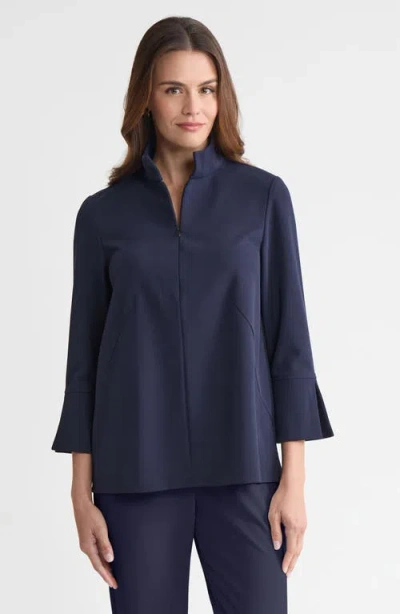 Ming Wang Stretch Deco Crepe Zip Front Pullover Blouse In Blue