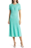Ming Wang Stripe A-line Midi Sweater Dress In Seaspray/white