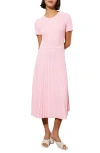 Ming Wang Stripe A-line Midi Sweater Dress In Perfect Pink/white