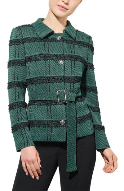 Ming Wang Stripe Belted Tweed Blazer In Green/black