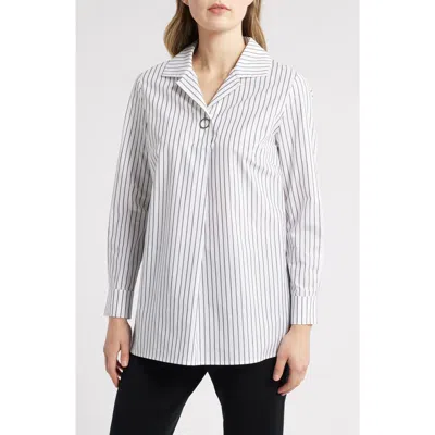 Ming Wang Stripe Cotton Popover Shirt In White/black