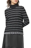 Ming Wang Stripe Fringe Bouclé Rib Sweater In Black