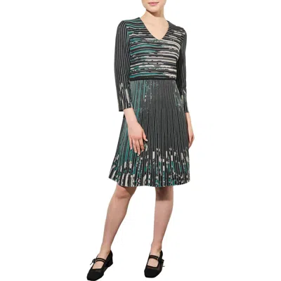 Ming Wang Stripe Jacquard Sweater Dress In Jewel-green/champagne/black
