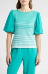 Ming Wang Stripe Mixed Media Jacquard Tunic In Emerald Awe/calypso Blue