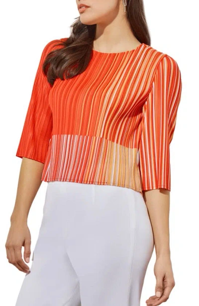 Ming Wang Stripe Plissé Elbow Sleeve Top In Flame Stripe