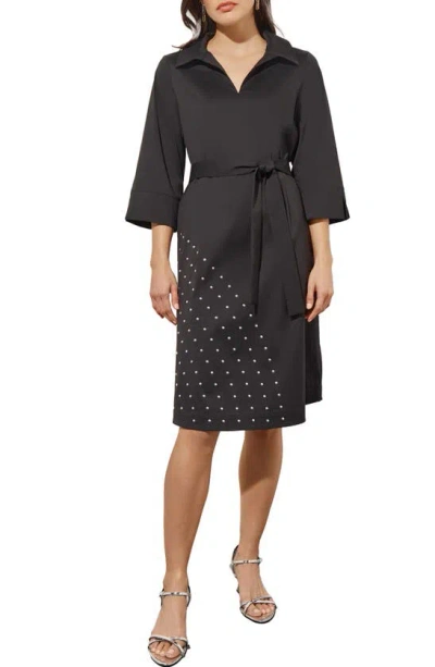Ming Wang Stud Detail Cotton Blend Shirtdress In Black