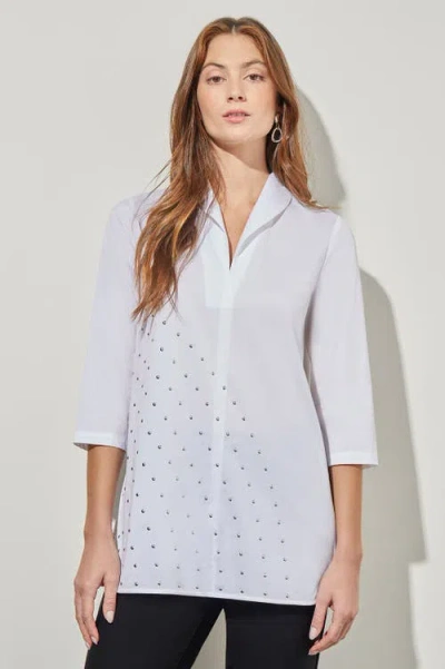 Ming Wang Stud Detail Shawl Collar Cotton Blend Shirt In White
