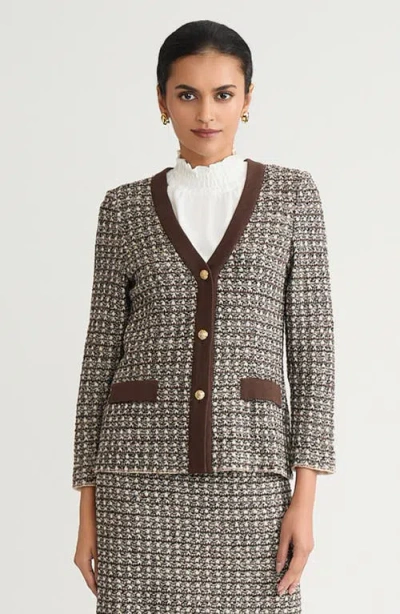 Ming Wang Tailored Contrast Trim Tweed Knit Jacket In Dark Umber/twig/black