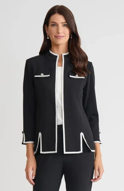Ming Wang Tailored Stretch Deco Crepe Contrast Trim Jacket In Black
