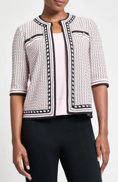 Ming Wang Textured Lace Trim Jacket In Rosy Blush/black