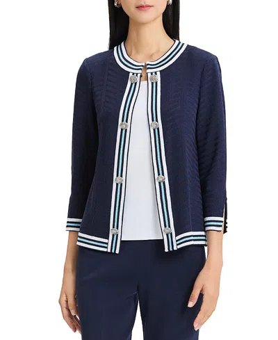 Ming Wang Tonal Herringbone Knit Jacket In Blue