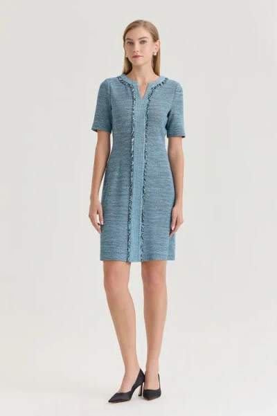 Ming Wang Tweed Knit Fringe Accent Sheath Dress In Blue