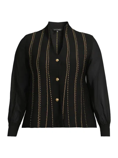 Ming Wang Women's Plus Metallic Knit Button-front Cardigan In Black